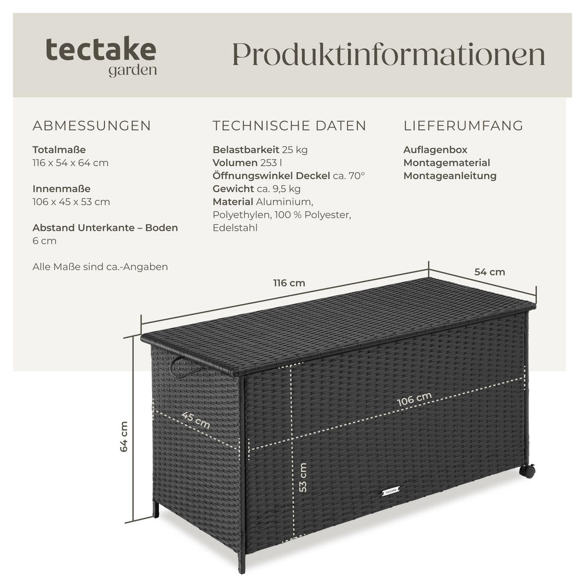 AUFLAGENBOX Kuusamo, 116 x 54 x 64 cm, schwarz - Schwarz, Kunststoff (116/64/54cm) - tectake