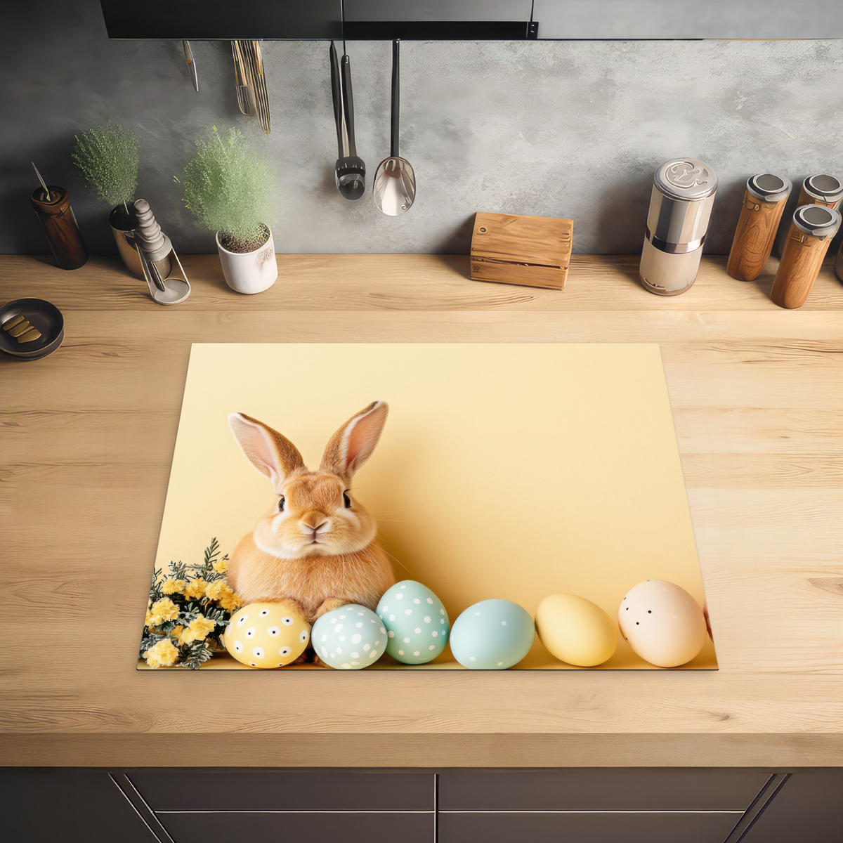 HERDABDECKPLATTE Eier - Kaninchen - Pastellfarbtöne Herdabdeckung Induktionsfeld 65x52 cm - Hellgelb, Kunststoff (65/52/0.2cm) - MuchoWow
