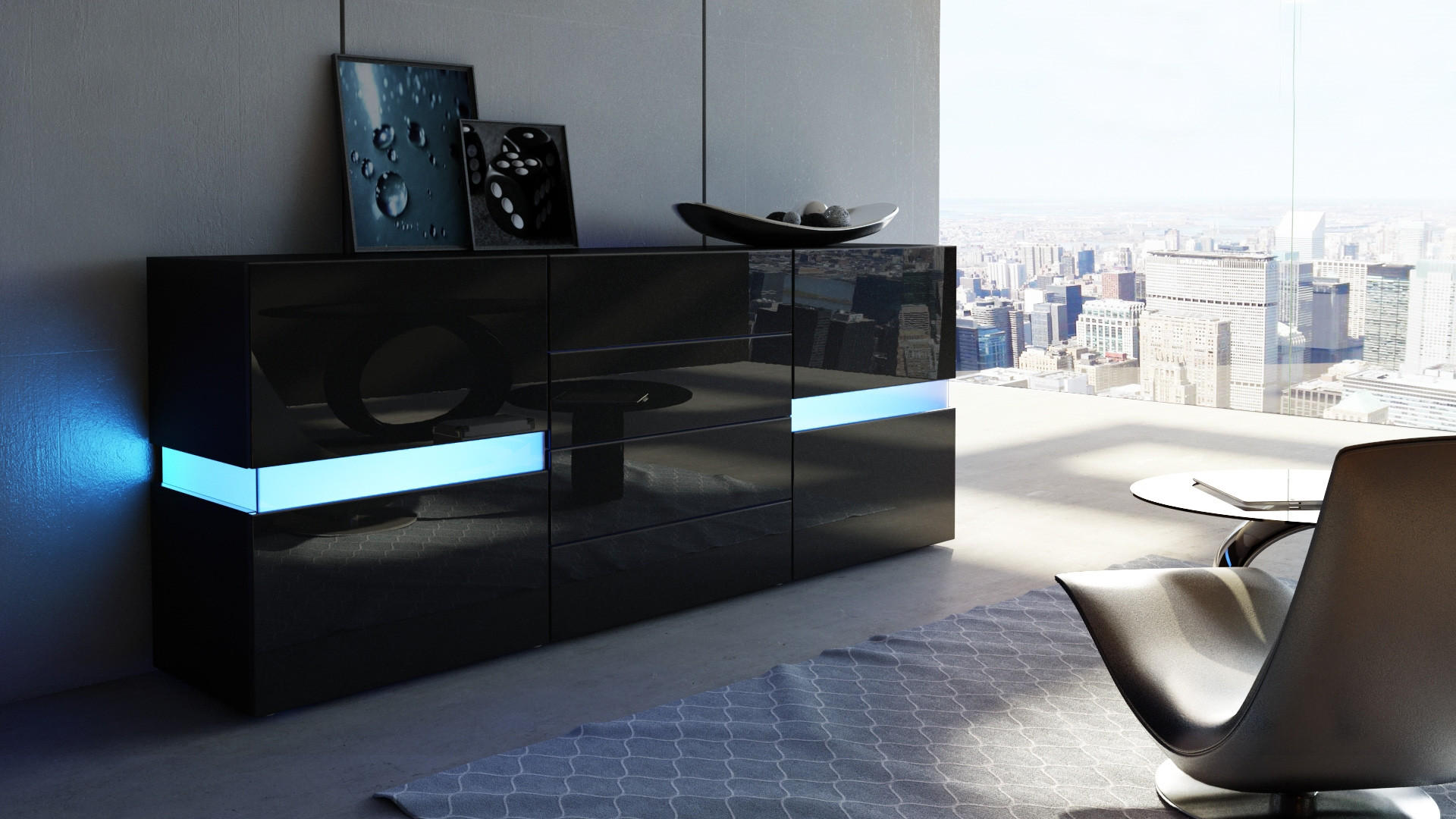 SIDEBOARD Flow Schwarz - Schwarz Hochglanz, Holzwerkstoff (177/75/39cm) - Vladon