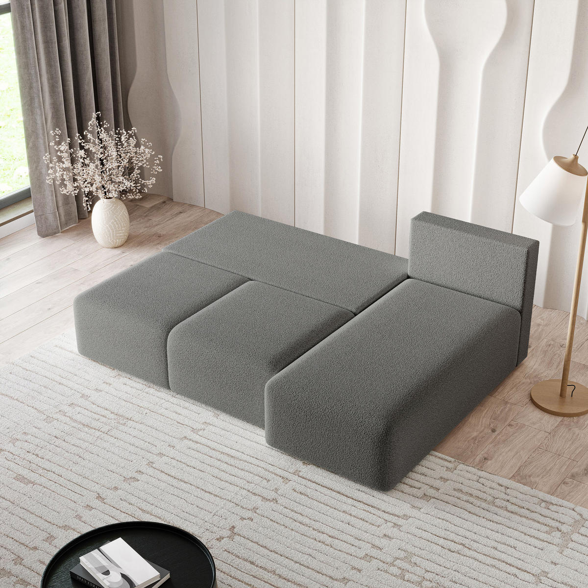 ECKSOFA TRAMA Grau Boucle-Stoff mit Schlaffunktion - Grau, Holz (200/143cm) - MASSENO