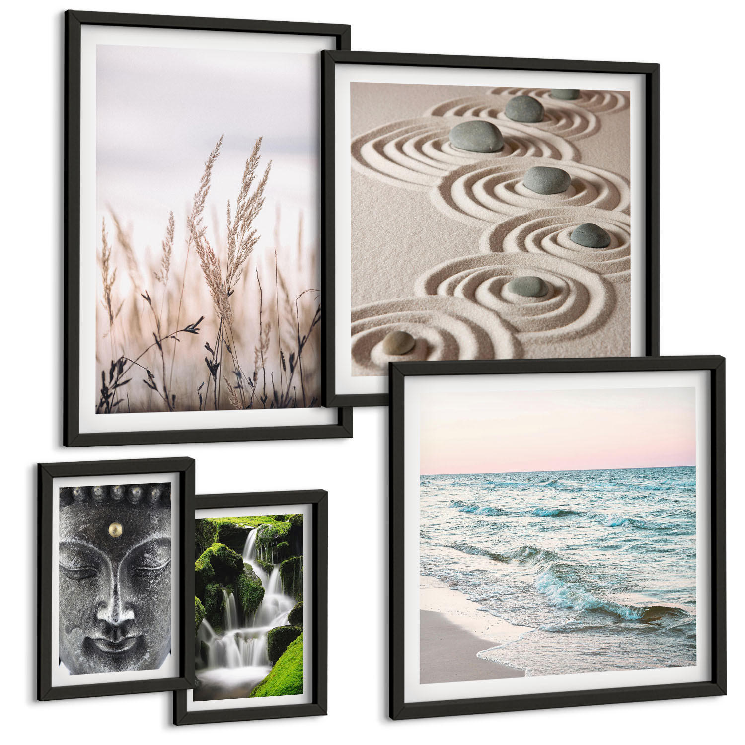 BILDER SET 5er Set - 50x50 cm & 20x30 cm & 40x60 cm Schwarzer Rahmen - Nachthimmel, Berge, Sterne - Schwarz, Kunststoff (40/60cm) - TULUP