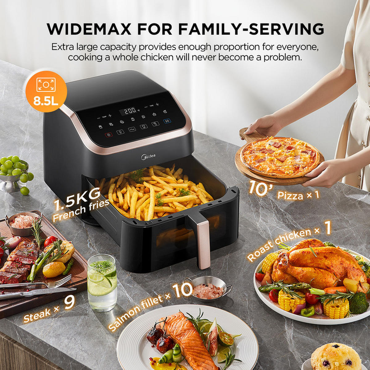 HEISSLUFTFRITTEUSE XXL – 9 L, 8-in-1, Öl-frei, Grillen, Backen, Braten - Schwarz, Metall (27/34/30cm) - Kaket