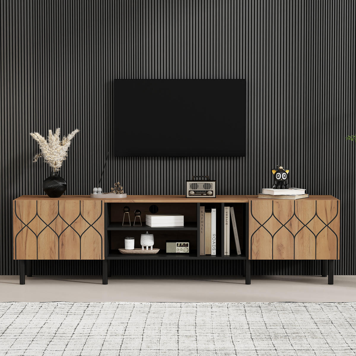 TV-SCHRANK 180/40/50 cm Naturholz/Schwarz mit 2 Türen und 4 Fächern - Schwarz, Holzwerkstoff (180/50/40cm) - Oxeza