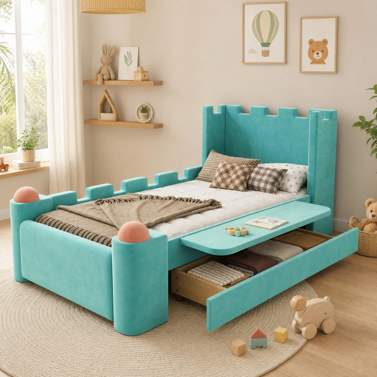 KINDERBETT 90/200 mit klappbarer Seitenablage, Stauraumschublade und Burg-Design in Blaugrün - Blau/Grün, Holzwerkstoff/Textil (90/200cm) - EVRYAE