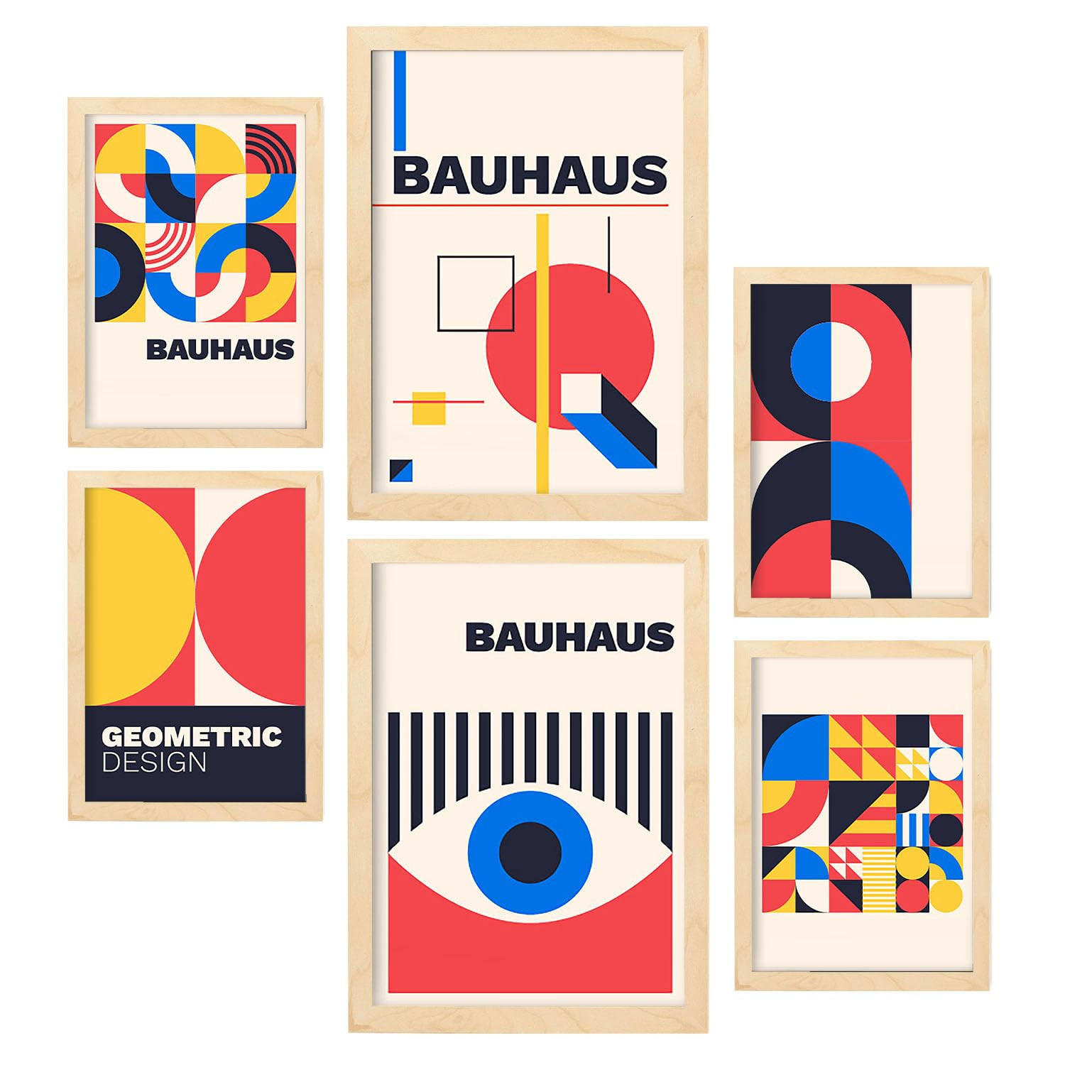 POSTER Set Mit 6 Drucken Im Bauhaus 3 Geometrische Designkollektion Drucke Mit Ästhetische Dekorative Für Zuhause A3 & A4 Rahmen Aus Hellem Holz - Beige, Papier (29/3cm) - Nacnic