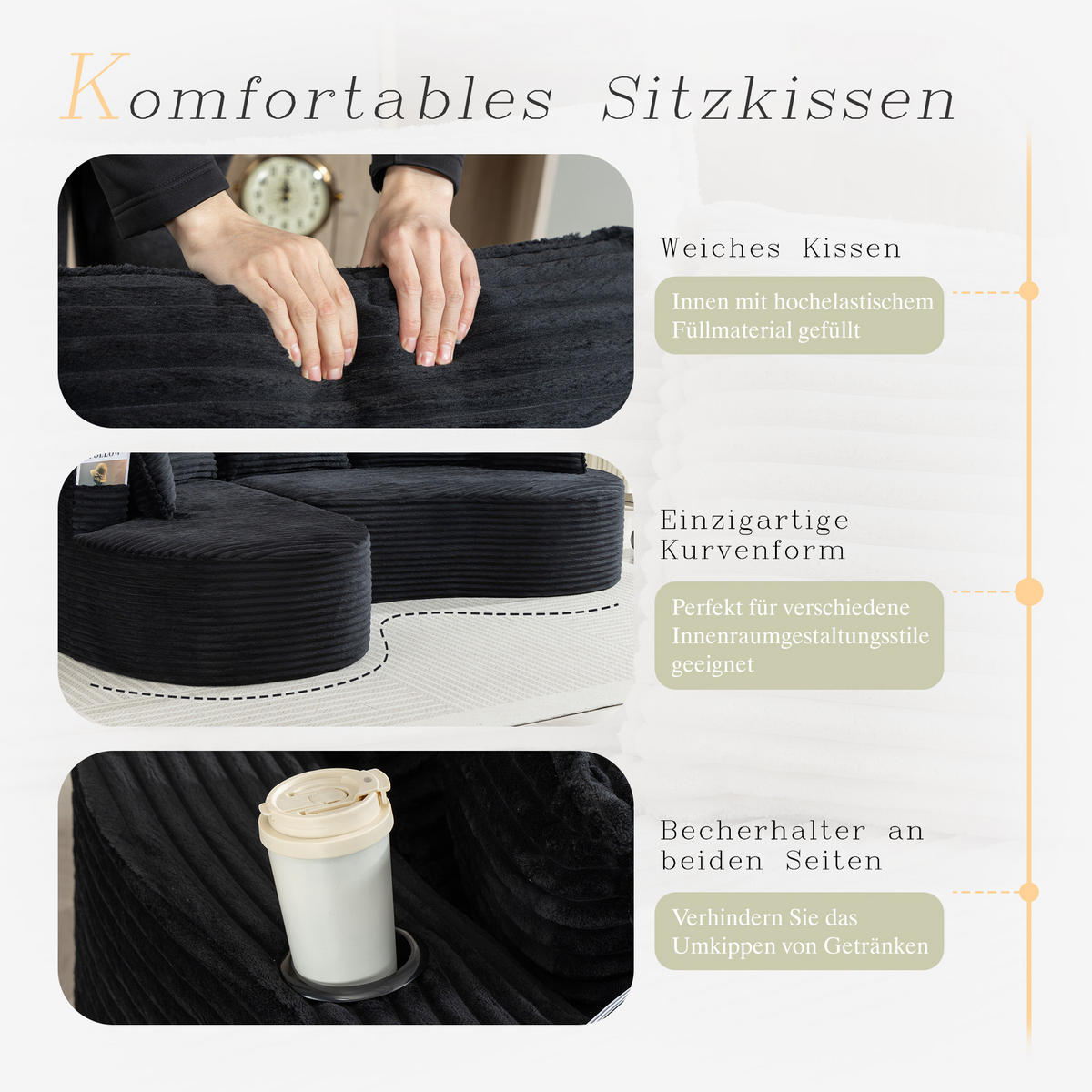 ECKSOFA Cord Schwarz mit Getränkehaltern, Seitentaschen und Kissen - Schwarz, Textil (250/152cm) - WISHDOR