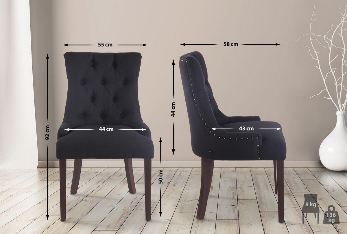 WOHNZIMMERSTUHL 2er Set Stoff schwarz - Schwarz, Holz/Textil (55/92/58cm) - CLP