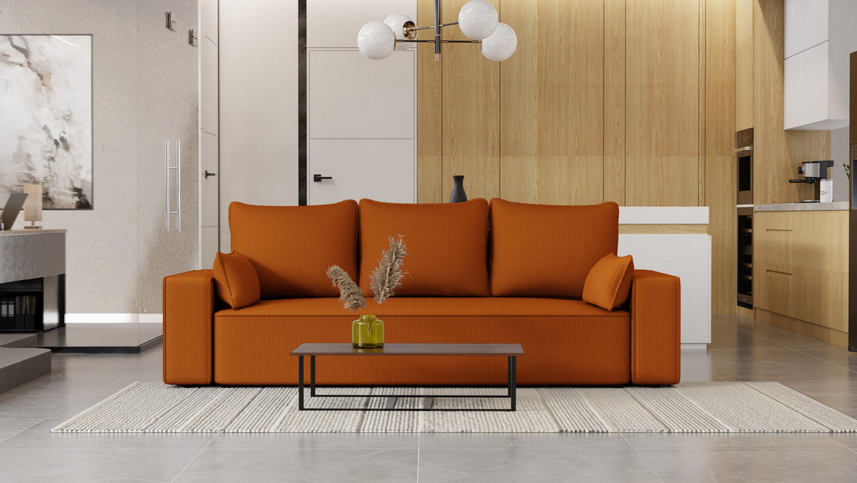 SOFA Vens mit Bettkasten und Schlaffunktion, Cordstoff - Rostfarben, Holzwerkstoff (242/85/95cm)