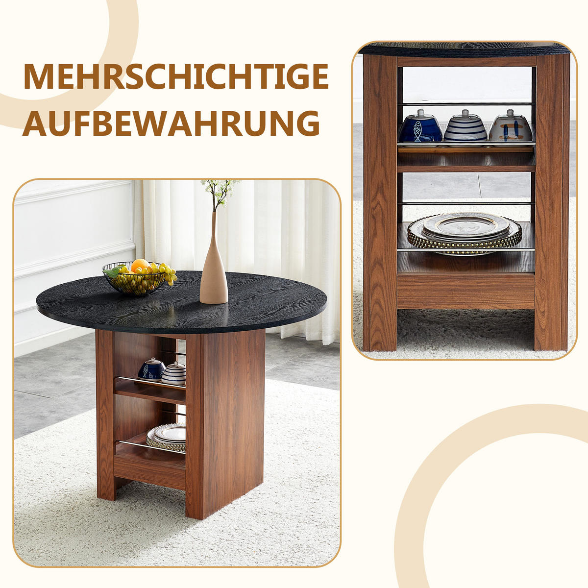 ESSTISCH Schwarz mit Ablageboden und nussbaumfarbenem Metallgestell 100/100/76 cm - Schwarz, Holz (100/100/76cm) - Oxeza
