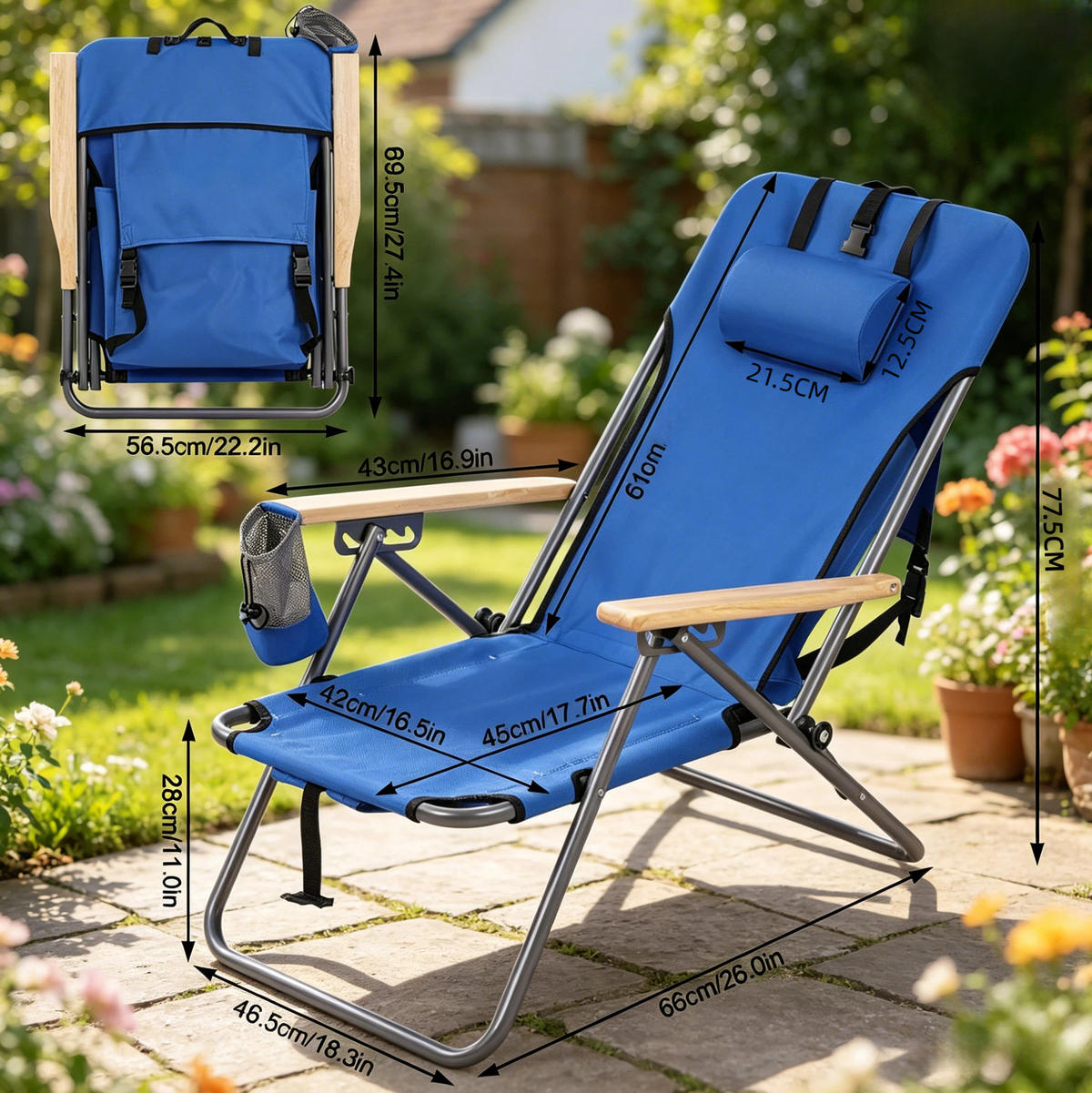 KLAPPBARER Campingstuhl 69/56/80 cm aus Oxfordstoff und Metall mit 4-fach verstellbarer Rückenlehne, Rucksackfunktion, Blau - Blau, Metall (56/57/98cm) - Redom