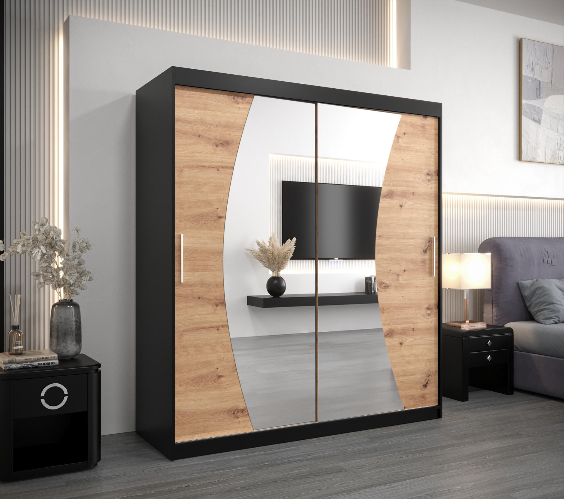 SCHWEBETÜRENSCHRANK 200/180/62 2-türig - Silberfarben/Schwarz, Holz/Kunststoff (180/200/62cm) - Abiks Möbel