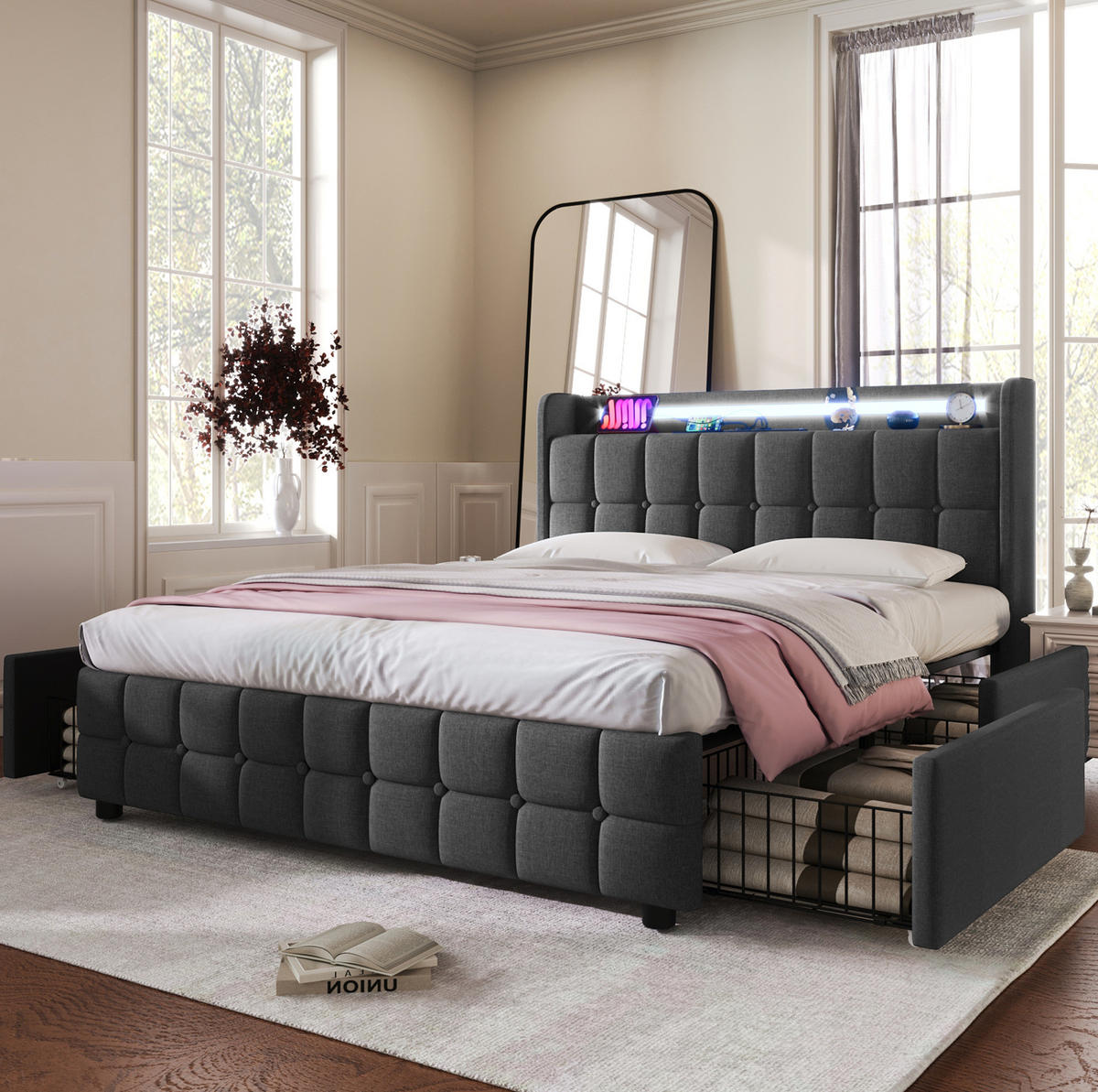 BETT mit USB und LED 140x200 cm Grau mit 4 Schubladen - Grau, Holz (140/200cm) - Meubliv