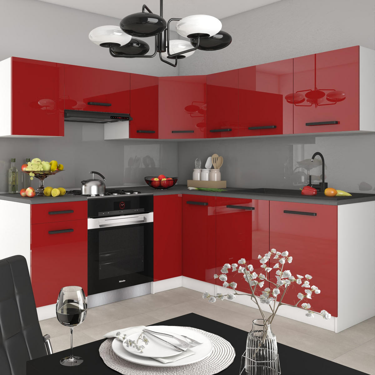 KÜCHENZEILE Italia 6 360 cm, mit Arbeitsplatten, Rot - Rot, Holz (360/143/60cm) - B BELINI GROUP