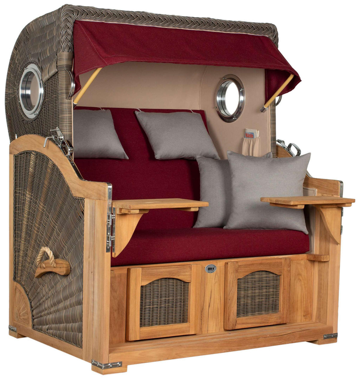 STRANDKORB Düne Grande Bullauge Teak PE Grey Dessin 594 - Rot/Braun, Metall (142/170/95cm) - Mr. Deko