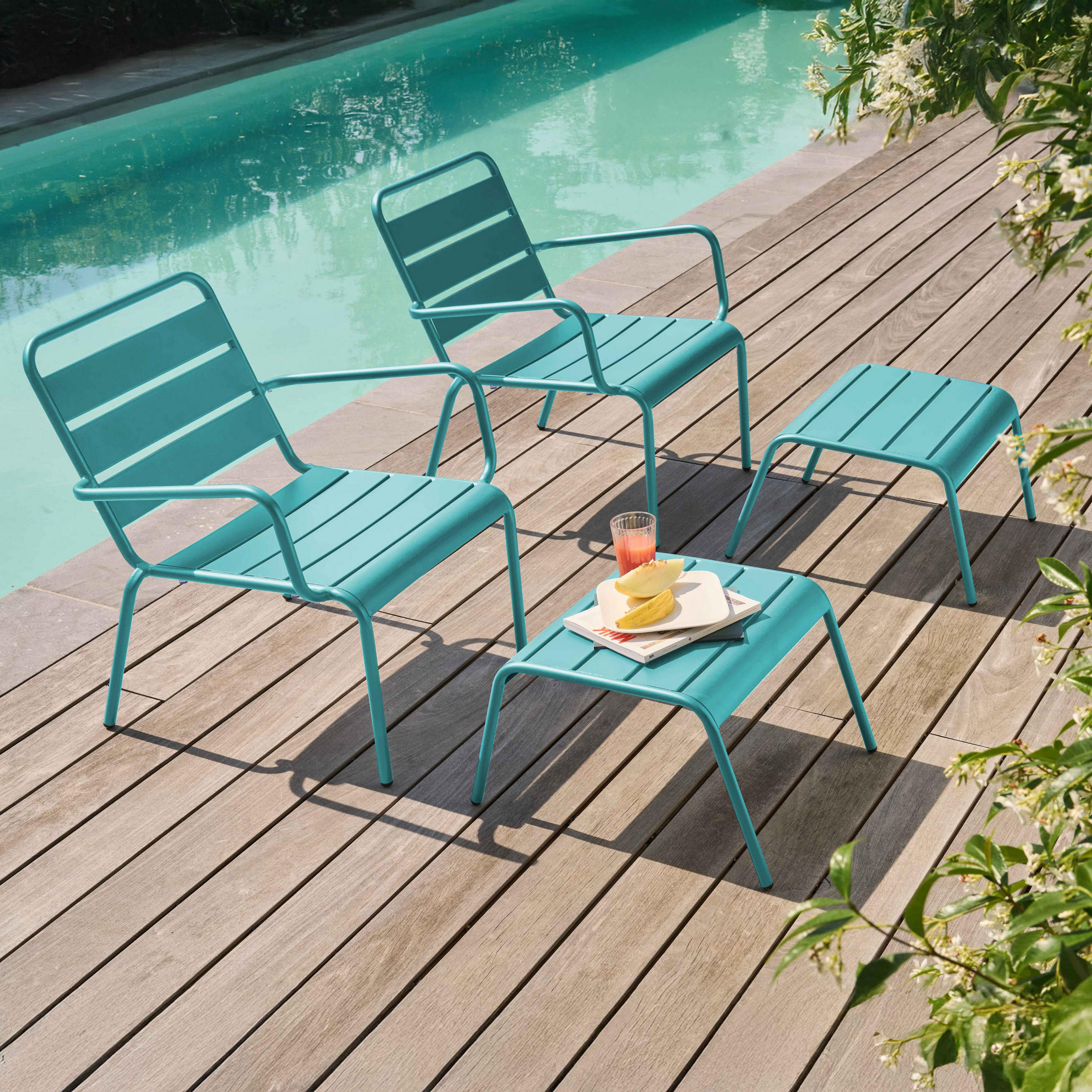 RELAXSESSEL MIT HOCKER 2-tlg., Türkisblau - Hellblau, Metall (64/72/60cm) - Oviala