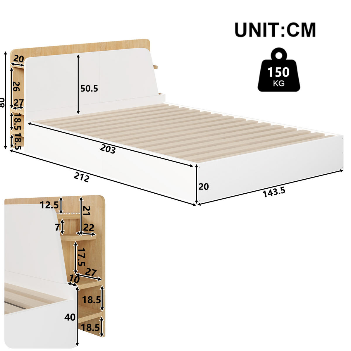 PANEELBETT 140/200 cm mit hydraulischem Stauraum, LED, USB-C und Kopfteilregal aus Kiefernholz, Weiß/Natur - Weiß, Holz (140/200cm) - Redom