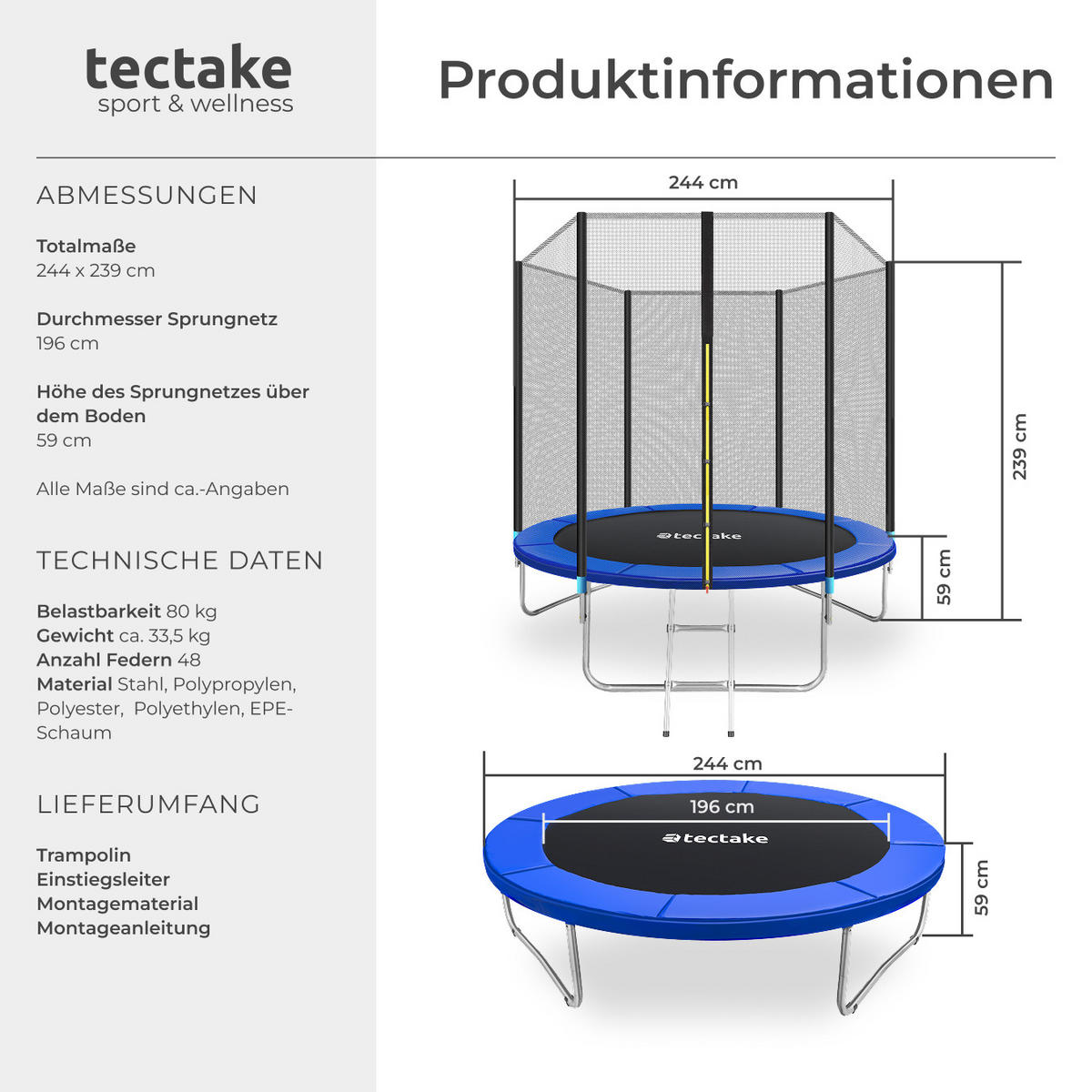 TRAMPOLIN Garfunky,inklusive Einstiegsleiter,schwarz/blau - Blau/Schwarz, Metall (244/239/244cm) - tectake