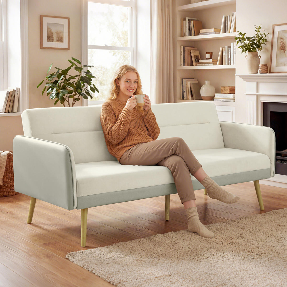 SCHLAFSOFA DE-13497 3-in-1, Klick-Klack-Mechanismus Beige - Beige, Textil (185/83/84cm) - ComfortXL