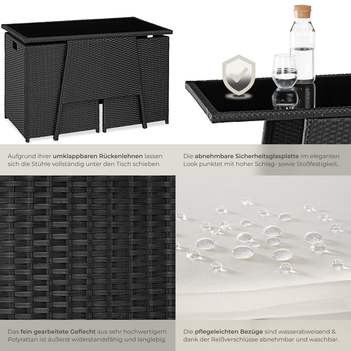 RATTAN SITZGRUPPE Lausanne,zusammenschiebbar,schwarz - Schwarz, Kunststoff - tectake