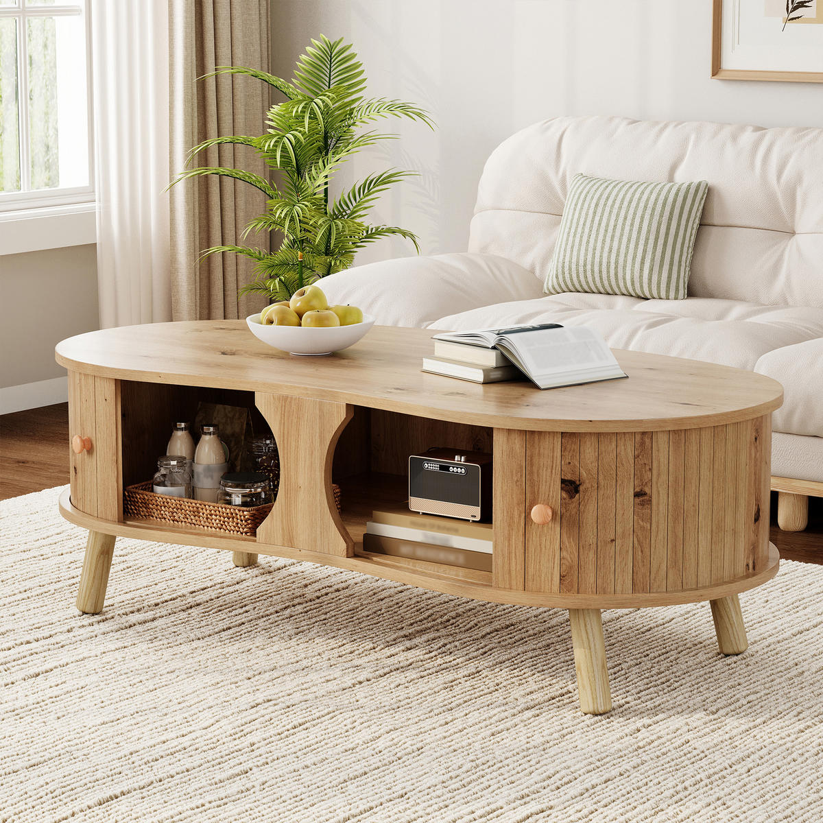 COUCHTISCH organisch Rillenoptik 2 Schiebetüren - Naturfarben, Holz (50/108/37cm) - LEBENLANG