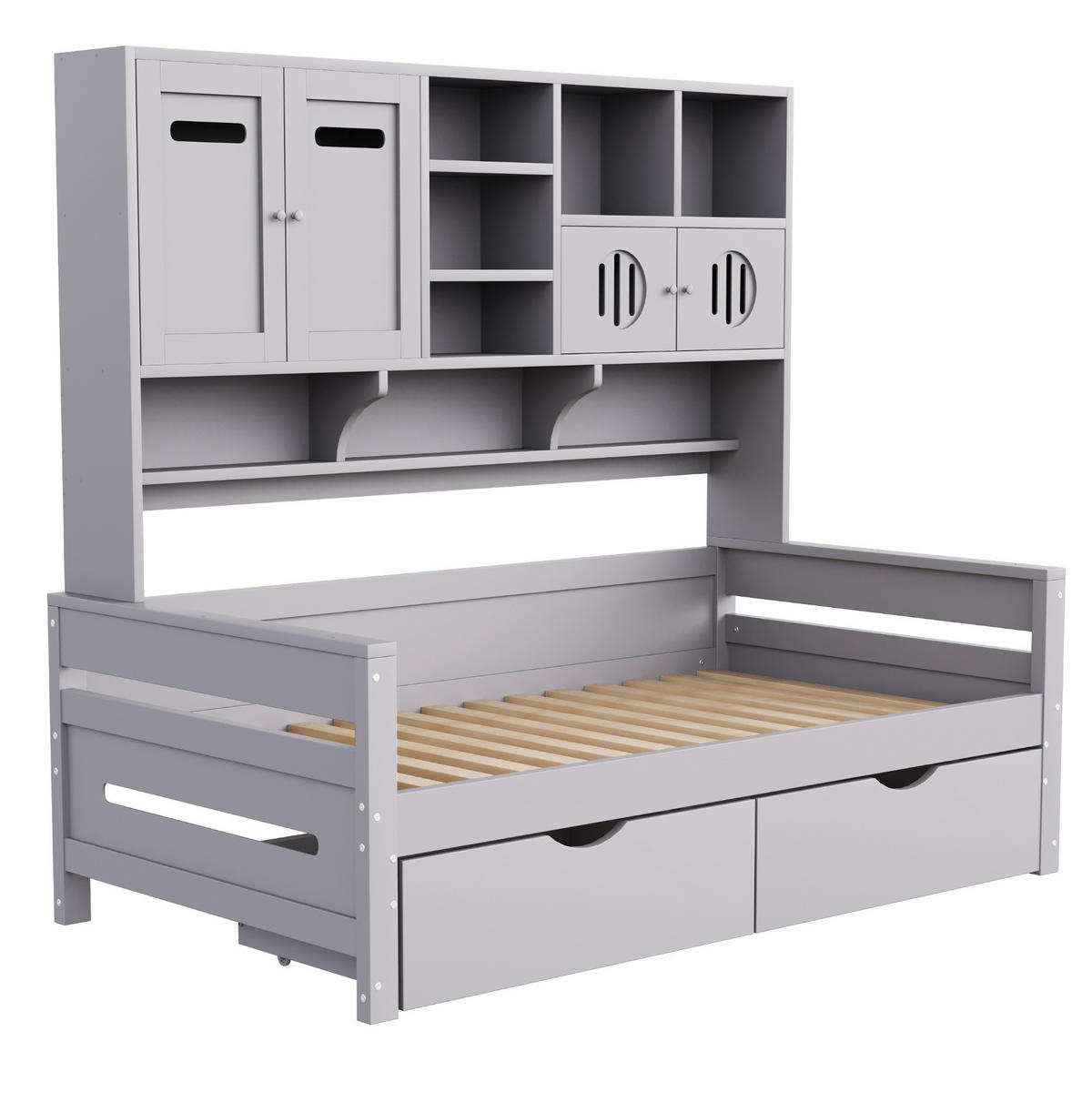 MULTIFUNKTIONSBETT aus Kiefernholz 90x200 cm Grau mit Stauraum, 2 Schubladen und Aufsatzregal - Grau, Holz (90/200cm) - Modfu