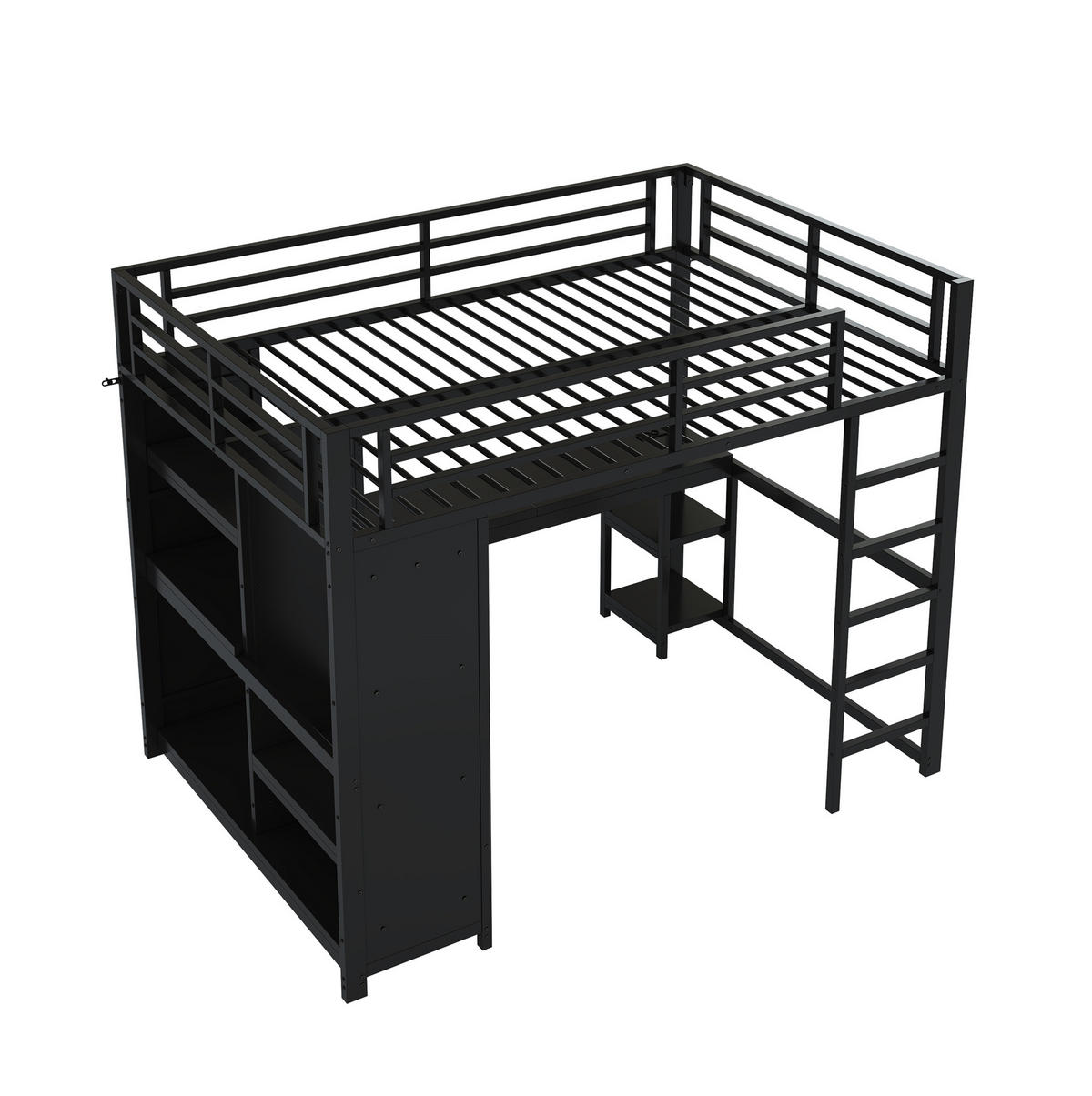 HOCHBETT mit Schreibtisch 140/200 cm in Schwarz – Metall mit Kleiderschrank und LED - Schwarz, Metall (140/200cm) - BEAOK