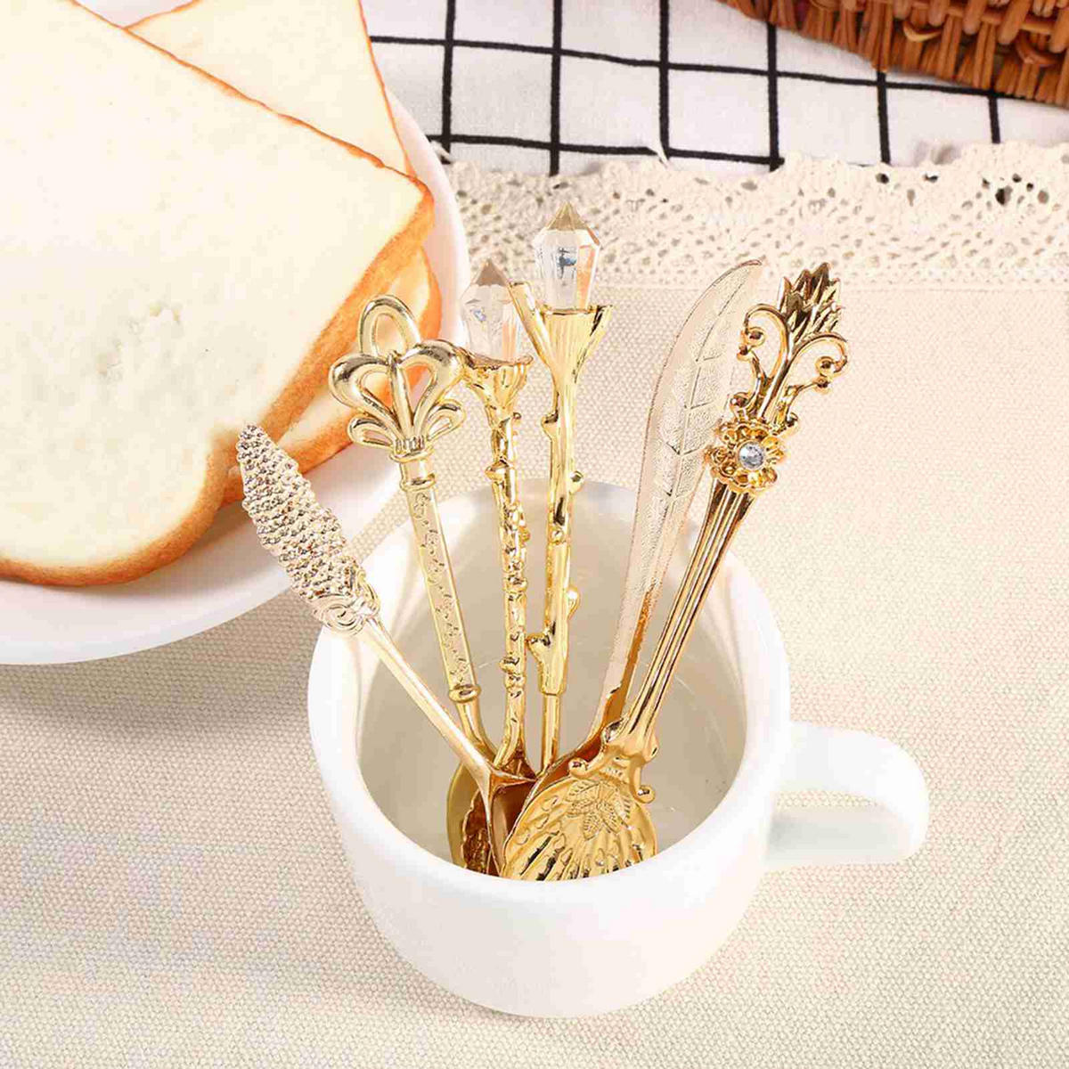 BESTECK-SET Gold 5 Löffel 1 Gabel, Kunstvolles 3D Muster, Deko Accessoire - Goldfarben, Metall