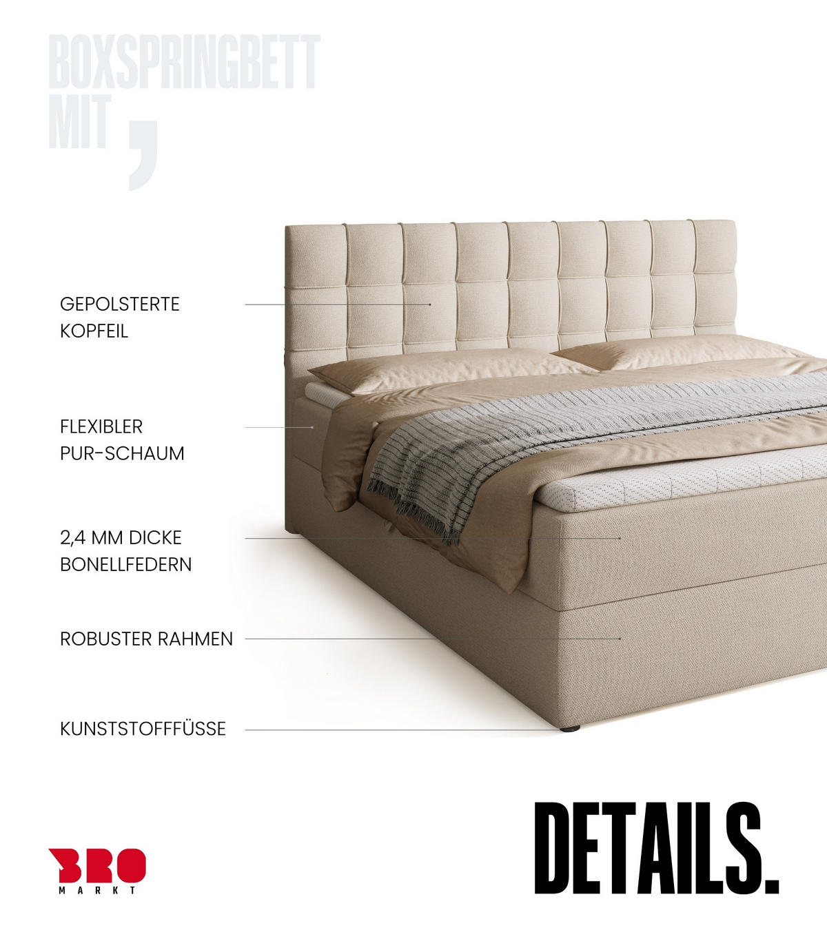 BOXBETT Detroit mit Topper 180/200 Ecru - Ecru, Holzwerkstoff/Textil (180/200cm) - Bromarkt