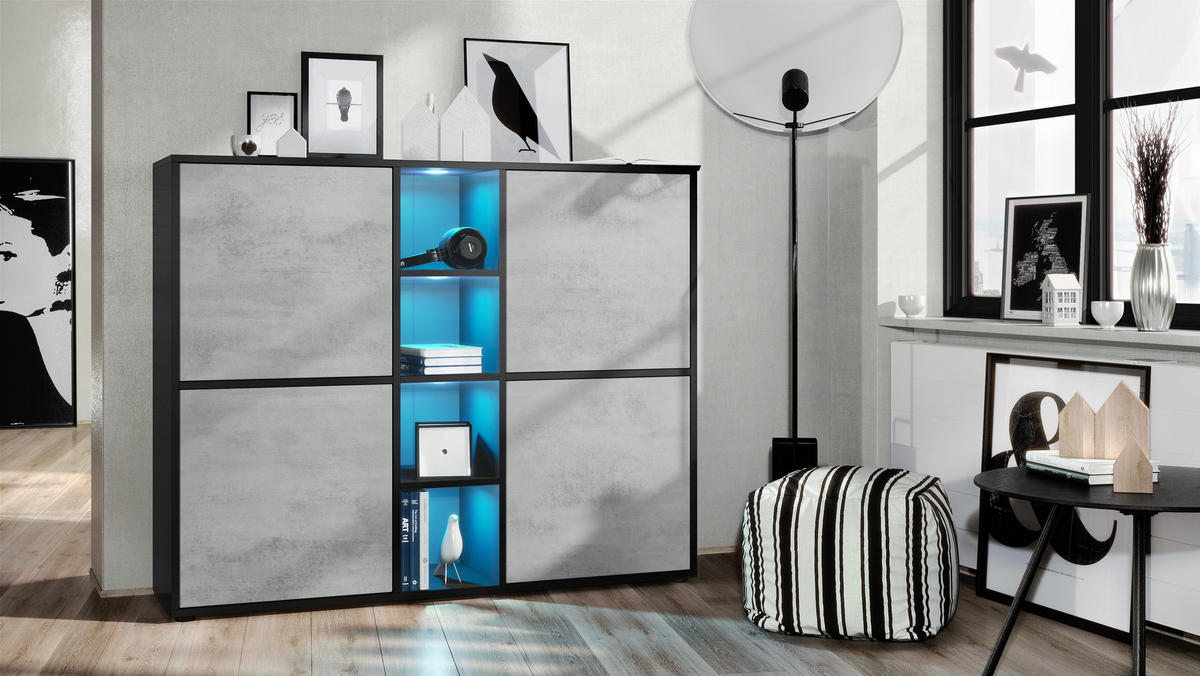 HIGHBOARD Cuba Türen in Beton Oxid Optik - Hellgrau, Holzwerkstoff (130.5/105.5/35.5cm) - Vladon
