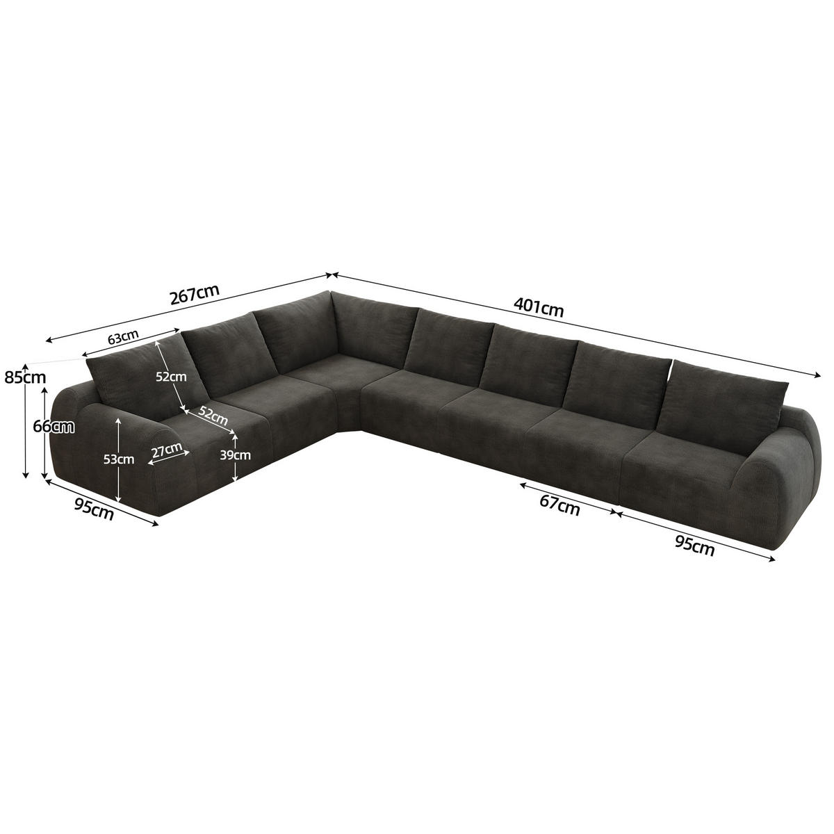 ECKSOFA 401/267/85 cm Dunkelgrau Chenille, 7-Sitzer - Dunkelgrau, Textil (401/267cm) - Oxeza