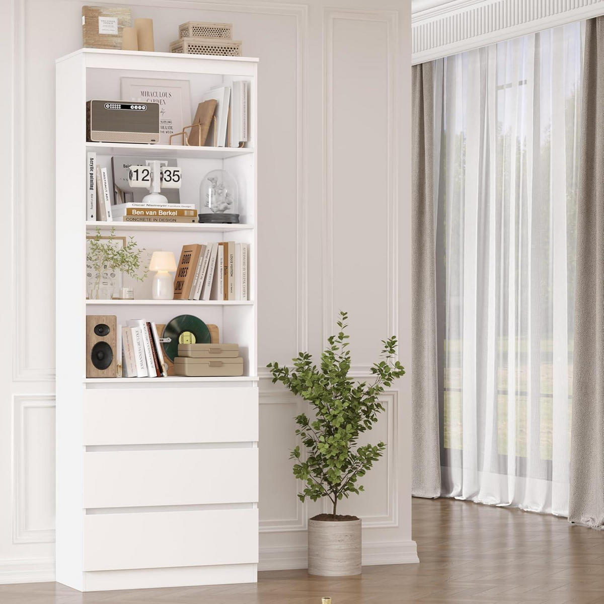 BÜCHERREGAL mit 3 Schubladen weiß 202 x 60 x 35 cm - Weiß, Holzwerkstoff (60/202/35cm)