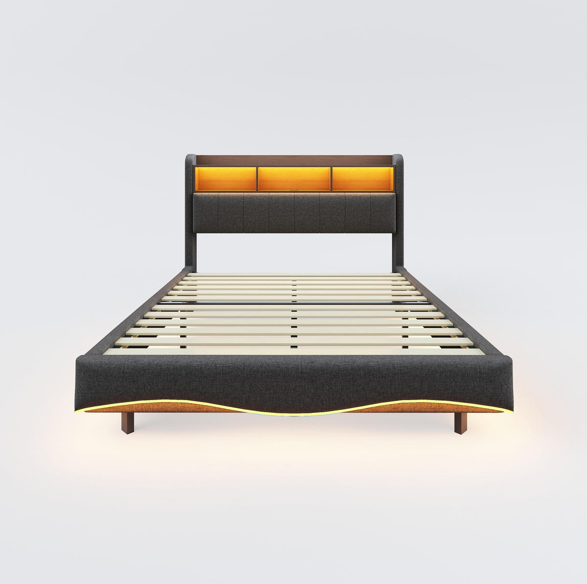 POLSTERBETT aus Leinenstoff 140x200 cm Grau mit LED-Beleuchtung, USB-C und Kopfteil-Stauraum - Grau, Textil (140/200cm) - IVMEU