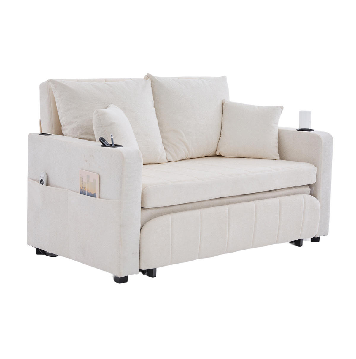SCHLAFSOFA 139/83/58 cm ausziehbar mit Bettfunktion, Armlehnentaschen und Chenille-Bezug, Beige - Beige, Textil (139/83/73cm) - Redom