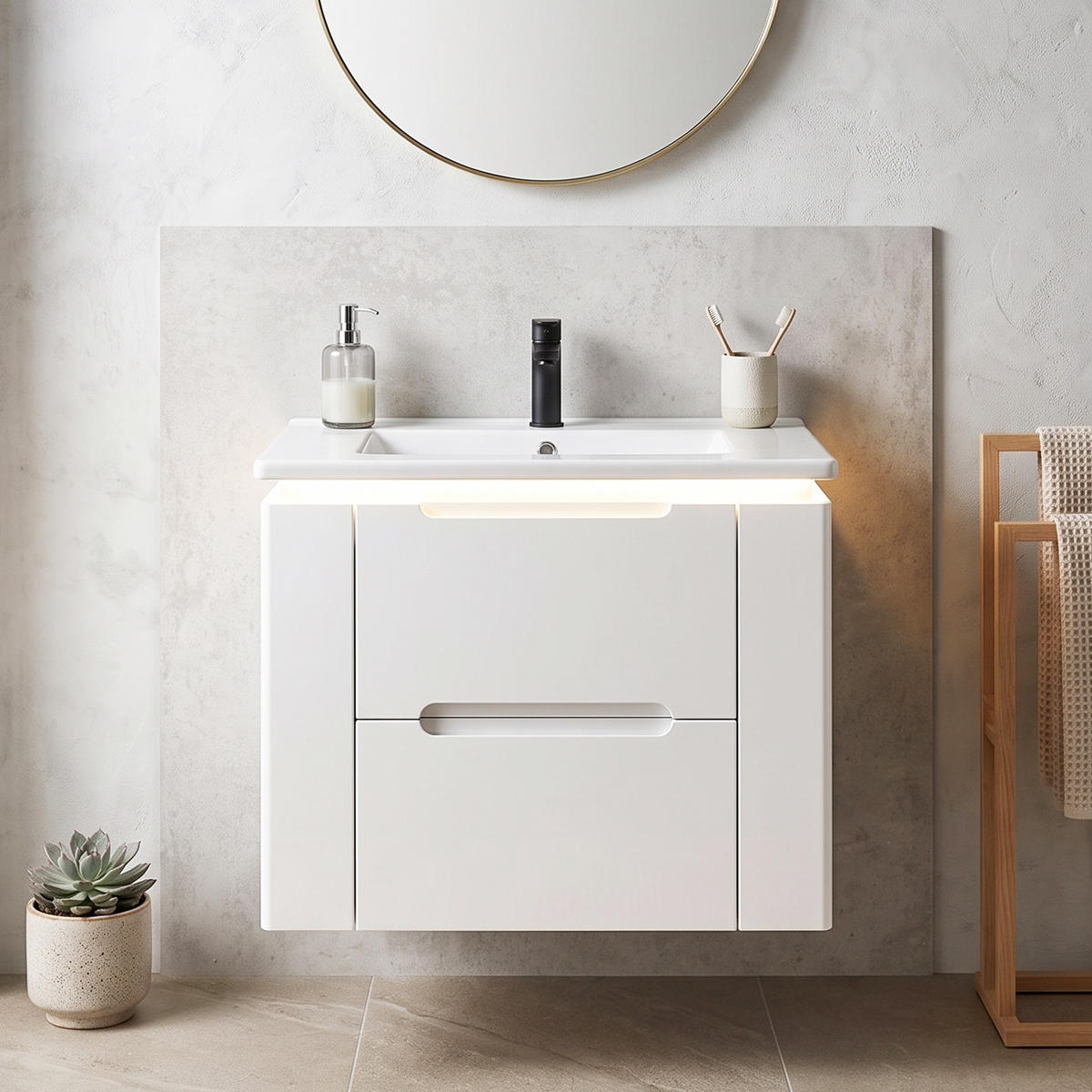 KOUPELNOVÁ SKŘÍŇKA S UMYVADLEM Bílá závěsná LED 61 cm - bílá, kompozitní dřevo (61/48.5/46cm) - Urban Meuble