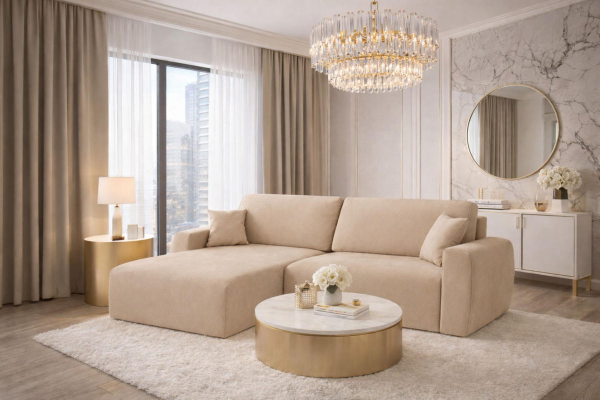 ECKSOFA Mit Schlaffunktion, Ariel XL, Velours, Stoff Salvador, Beige, Links - Beige, Holz (280/142cm) - Kaiser Möbel