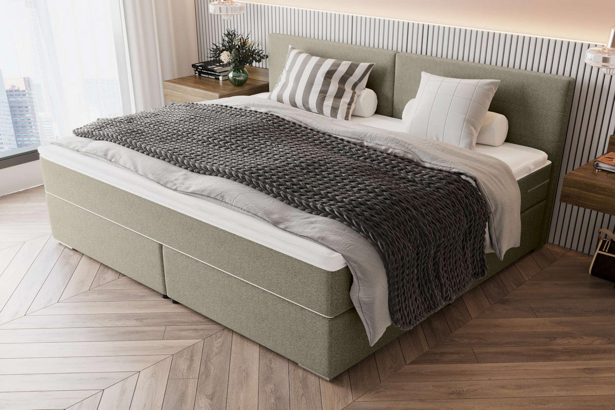 FAMILIENBETT BOXSPRINGBETT Webstoff Beige 220/200 cm - Chromfarben/Beige, Kunststoff/Textil (220/200cm) - 99rooms