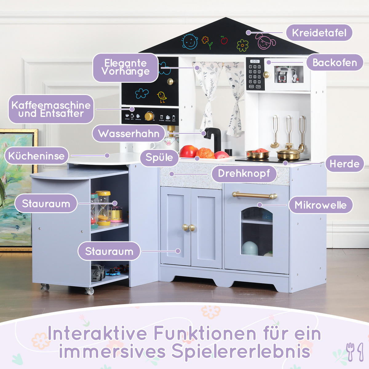 KINDERKÜCHE Weiß/Lila – Spielküche im Hausdesign mit Zubehör & Soundeffekten, Holz/Kunststoff, ab 3 Jahren 60x90x105cm - Lila, Holzwerkstoff (90/60/105cm) - Ej. Life