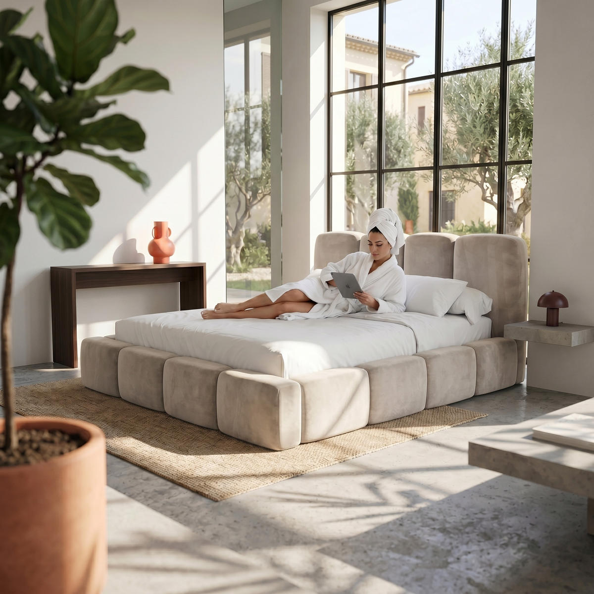 POLSTERBETT SUENO MAXI 200x200 cm in Hellgrau, gepolstertes Kopfteil, Metalllattenrost, Bettkasten, Velour-Stoff - Hellgrau/Naturfarben, Holz/Textil (200/200cm) - Muffo