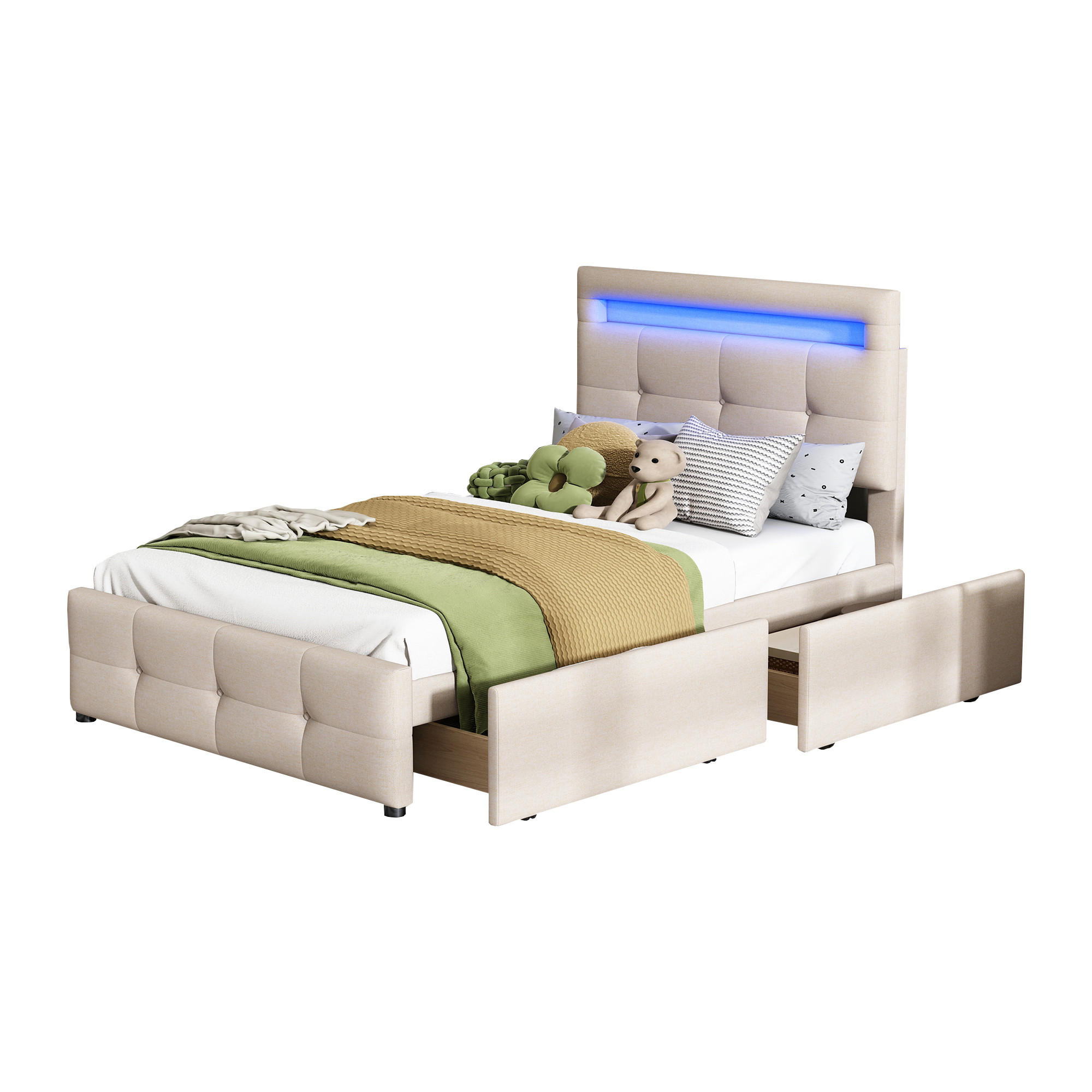 OKWISH ČALOUNĚNÁ postel 90/200 cm béžová s LED osvětlením a 2 zásuvkami