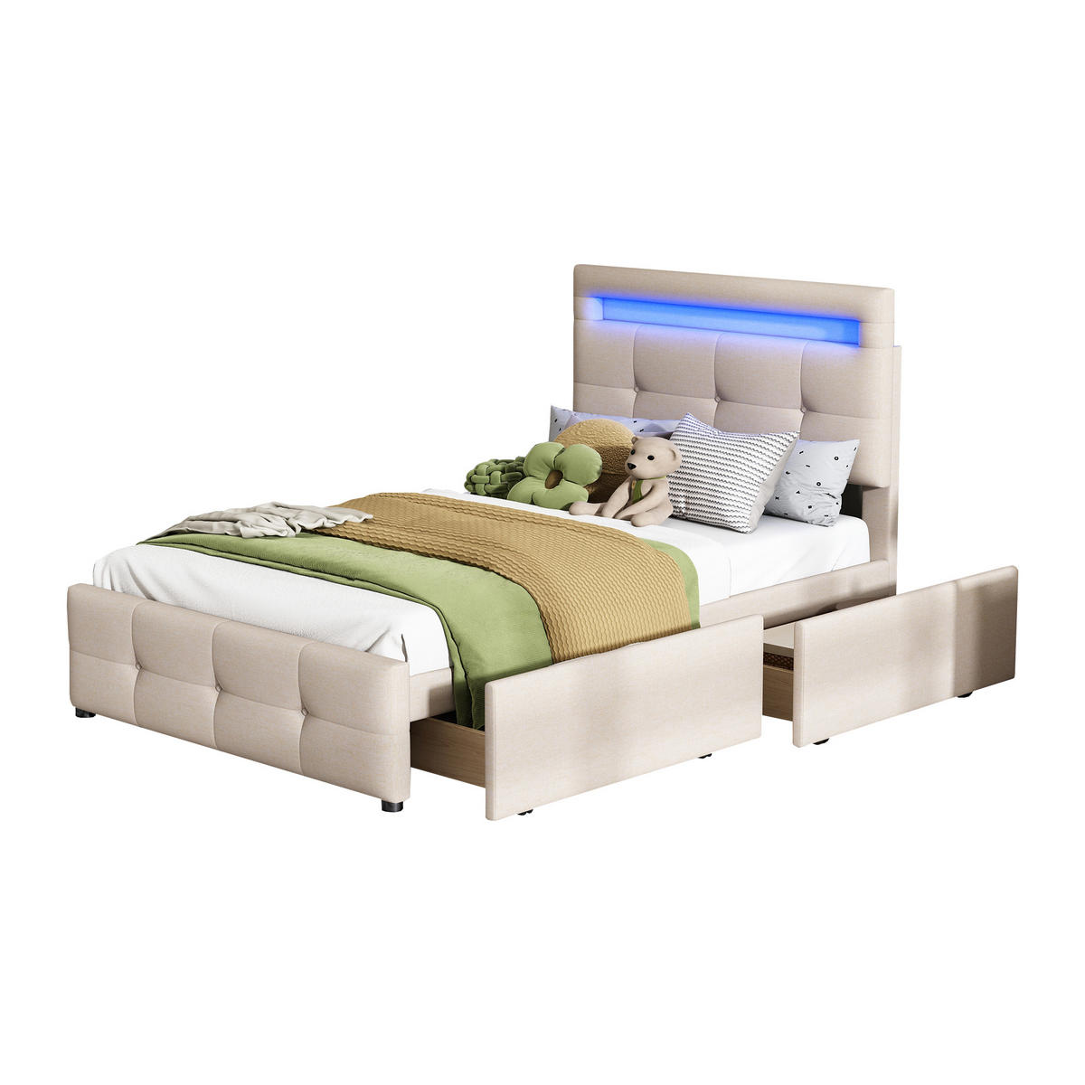 POLSTERBETT 90/200 cm beige aus Holz mit LED und 2 Schubladen - Beige, Holzwerkstoff (90/200cm) - OKWISH