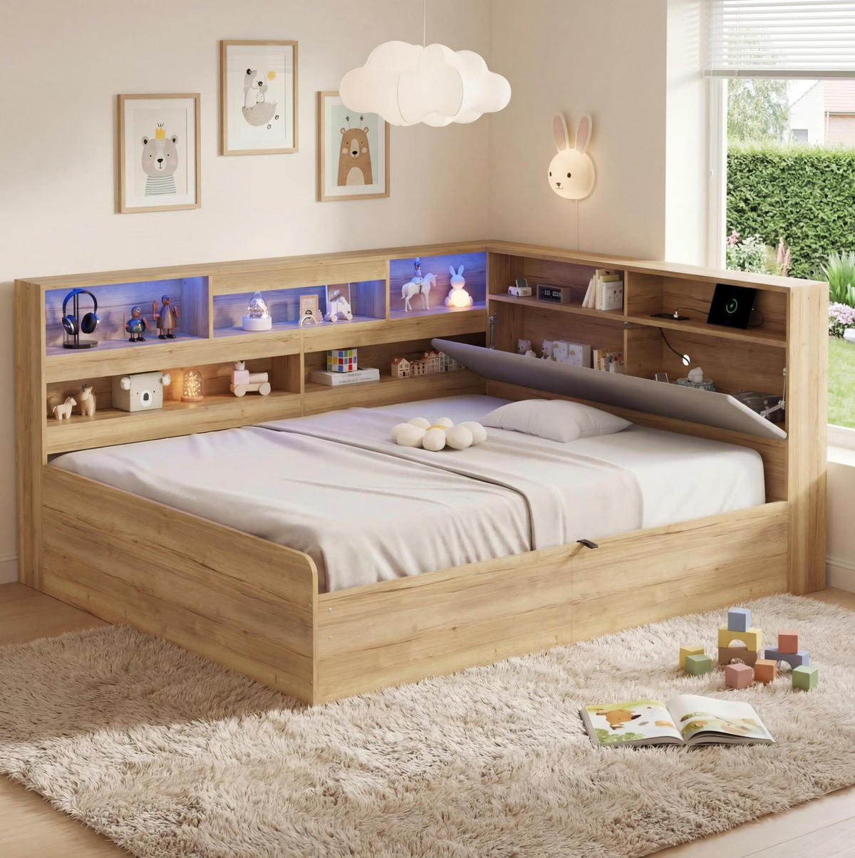JUGENDBETT 140/200 cm natur aus MDF mit Stauraum und LED - Naturfarben, Holzwerkstoff (140/200cm) - OKWISH