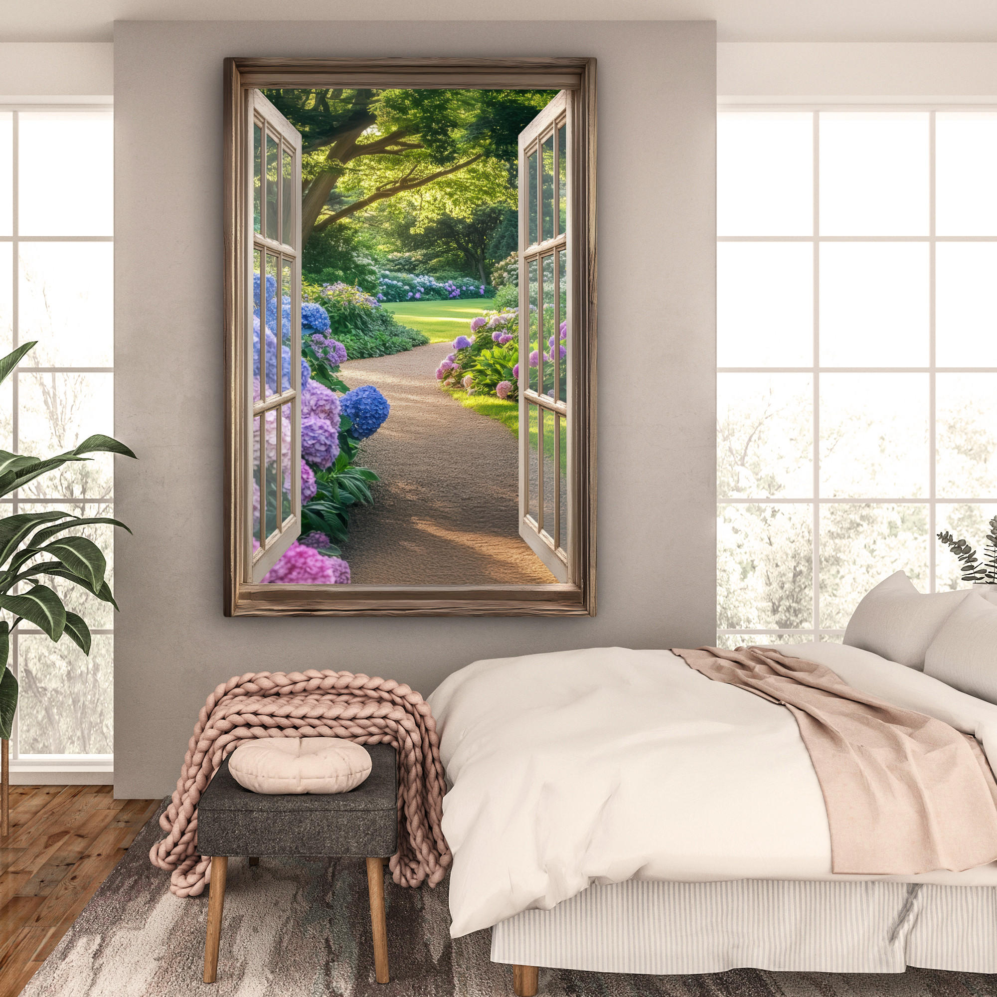 LEINWANDBILD Aussicht - Garten - Fenster - Hortensie - Blumen 90x140 cm - Pastellblau, Textil (90/140cm) - MuchoWow