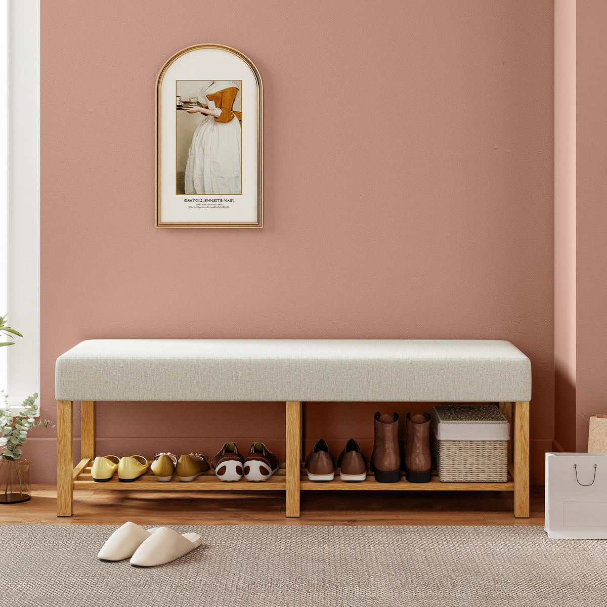 SCHUHBANK Kautschukholz Polyester Cremeweiß - Creme, Holz (44/48/140cm) - HOMCOM