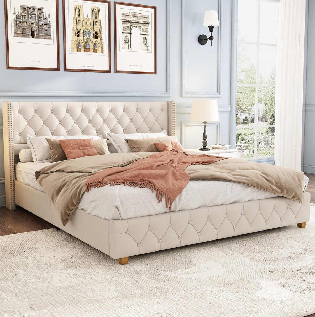 POLSTERBETT aus Leinen 160x200 cm Beige mit Lattenrost und gepolstertem Kopfteil - Beige, Textil (160/200cm) - IVMEU