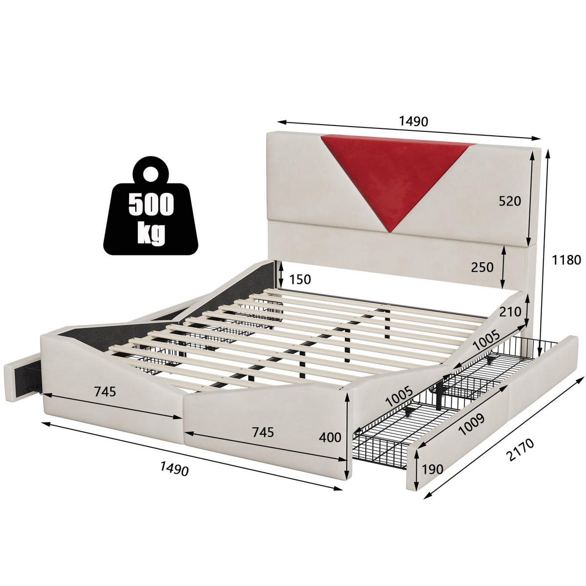 POLSTERBETT 140x200 cm - Zweifarbiges Kopfteil in Bordeaux, Einstellbare LED-Beleuchtung, 4 Schubladen, Samtstoff - Beige - Beige, Holzwerkstoff (140/200cm) - Brevoria
