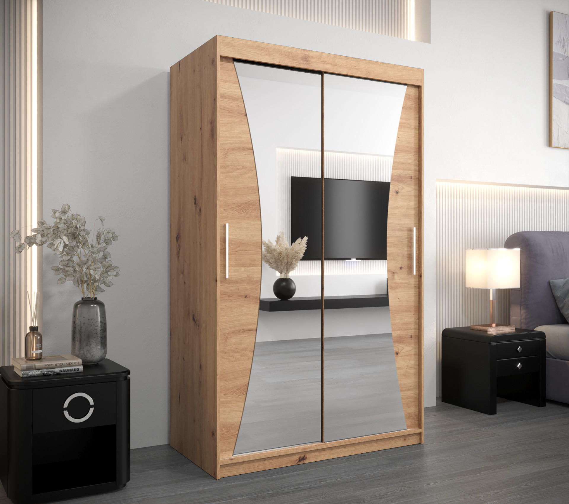SCHWEBETÜRENSCHRANK 200/120/62 2-türig - Silberfarben/Eiche Artisan, Holz/Kunststoff (120/200/62cm) - Abiks Möbel