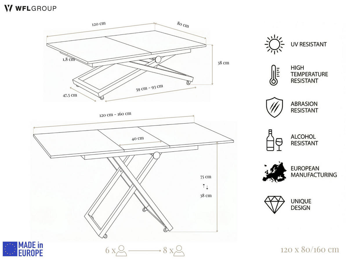 COUCHTISCH Axen höhenverstellbar ausziehbar, Walnuss Braun 120-160/80/38-75 cm - Kaschmir/Beige, Holzwerkstoff/Metall (80/160/75cm) - WFL GROUP