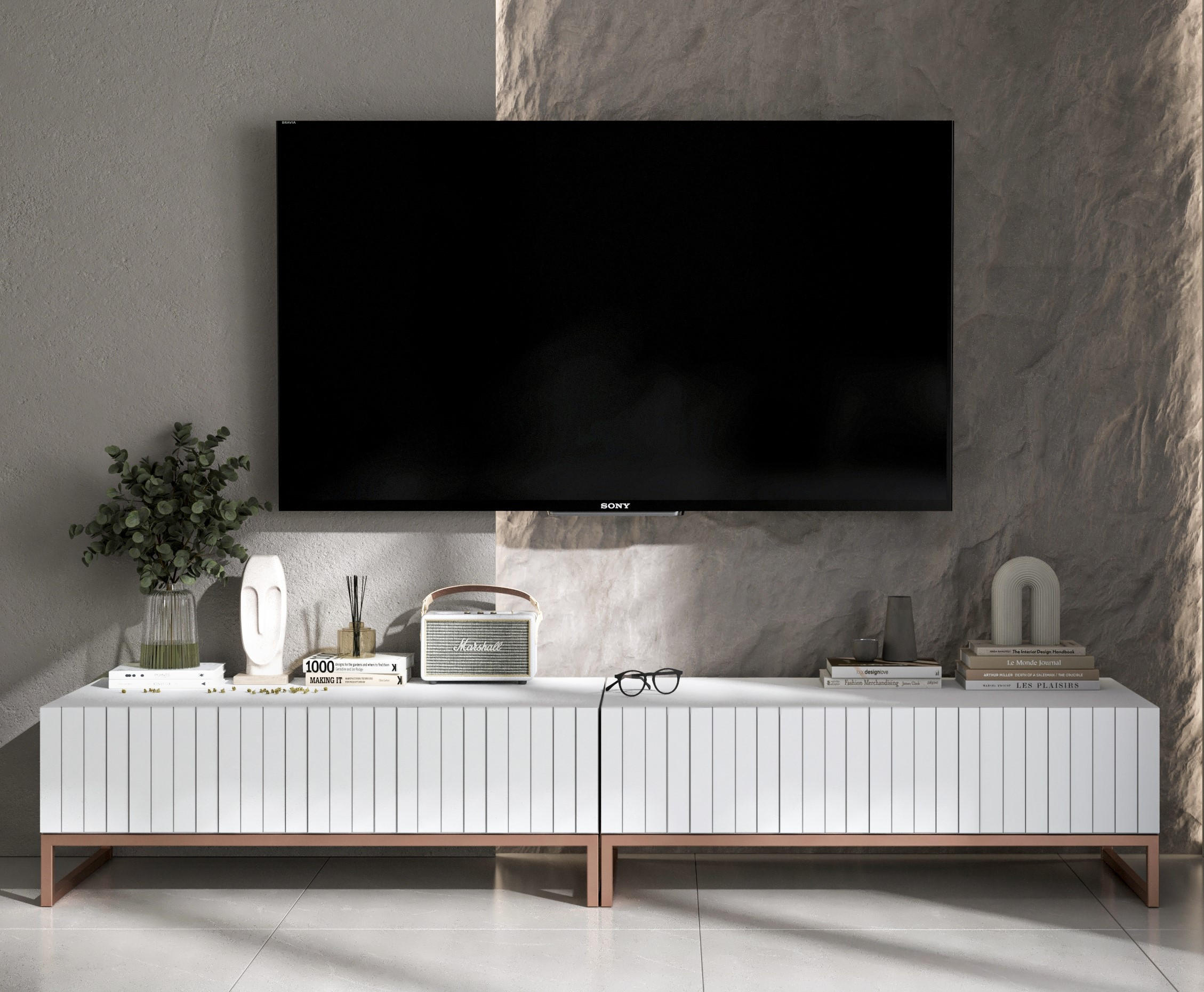 TV-LOWBOARD 2-er Set Elpis Weiß Matt Glamour 110 cm - Weiß/Kupferfarben, Holzwerkstoff/Metall (220/39/54cm) - Meble Lindner