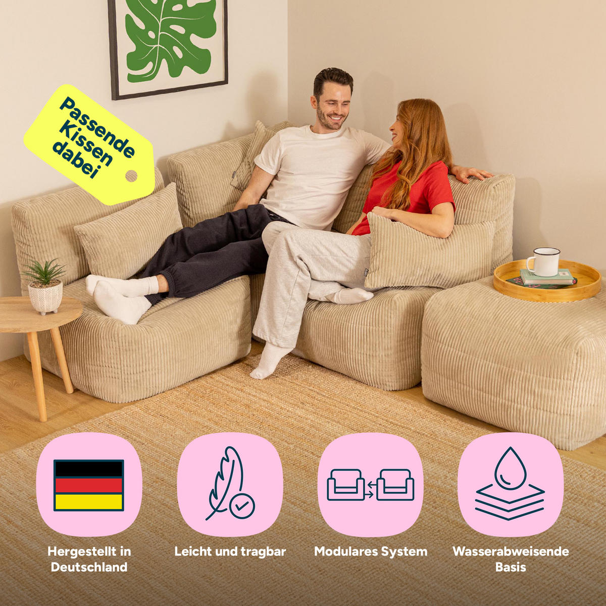 SITZSACK-SOFA 4-tlg. modular cord Noa - Beige, Textil (303/70/78cm) - icon