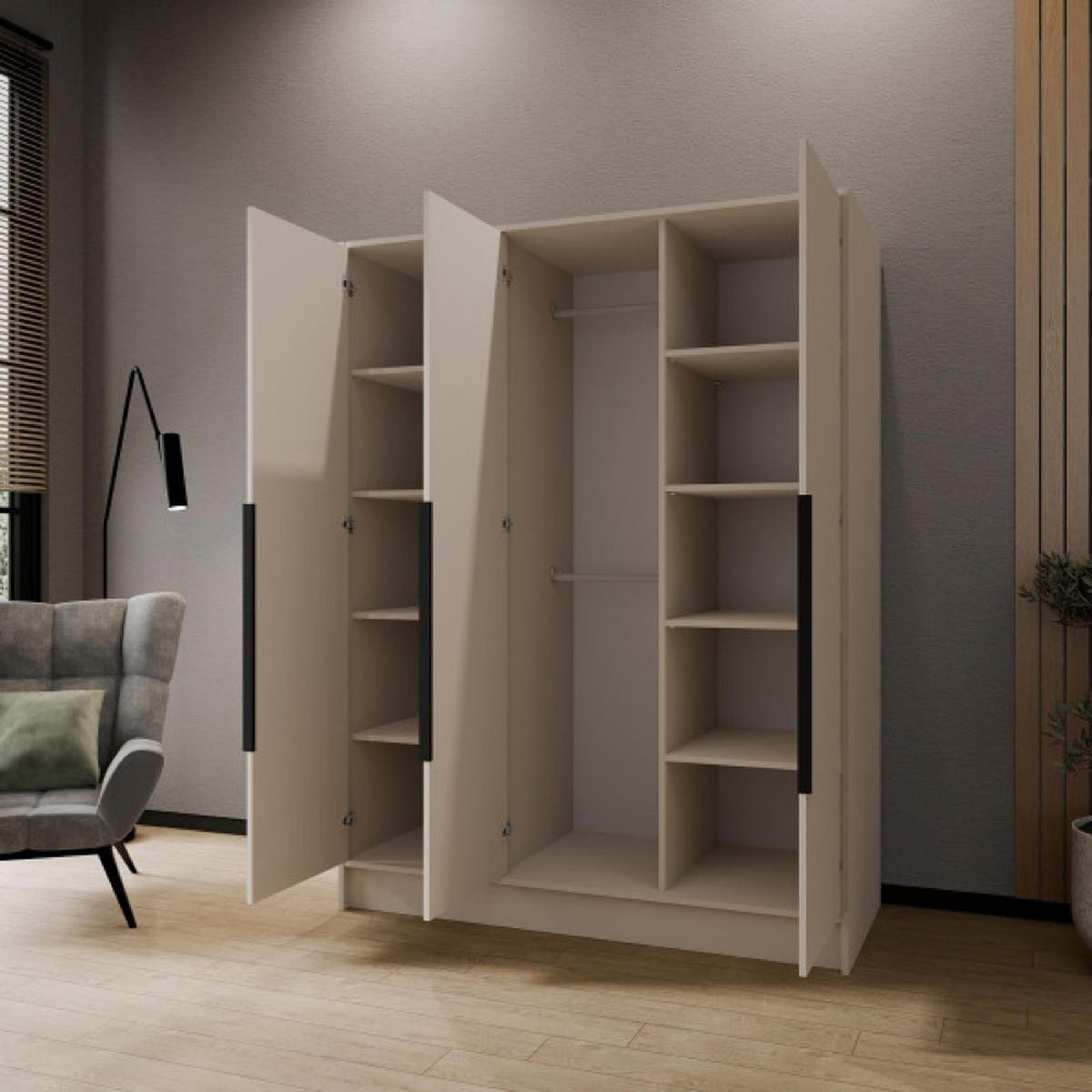 SCHRANK Kaschmir ORTO 150 g Glatt Ohne Spiegel Mit Schwarzen Griffen - Ecru/Schwarz, Holzwerkstoff (150/200/51cm) - Sepro Meble